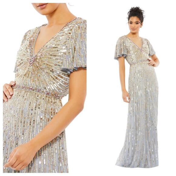 NWT MAC DUGGAL Platinum Beaded Embellished V-Neck Butterfly Sleeve Column Gown - Picture 1 of 12